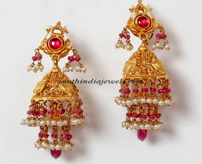 22K gold jhumka with rubies and pearls