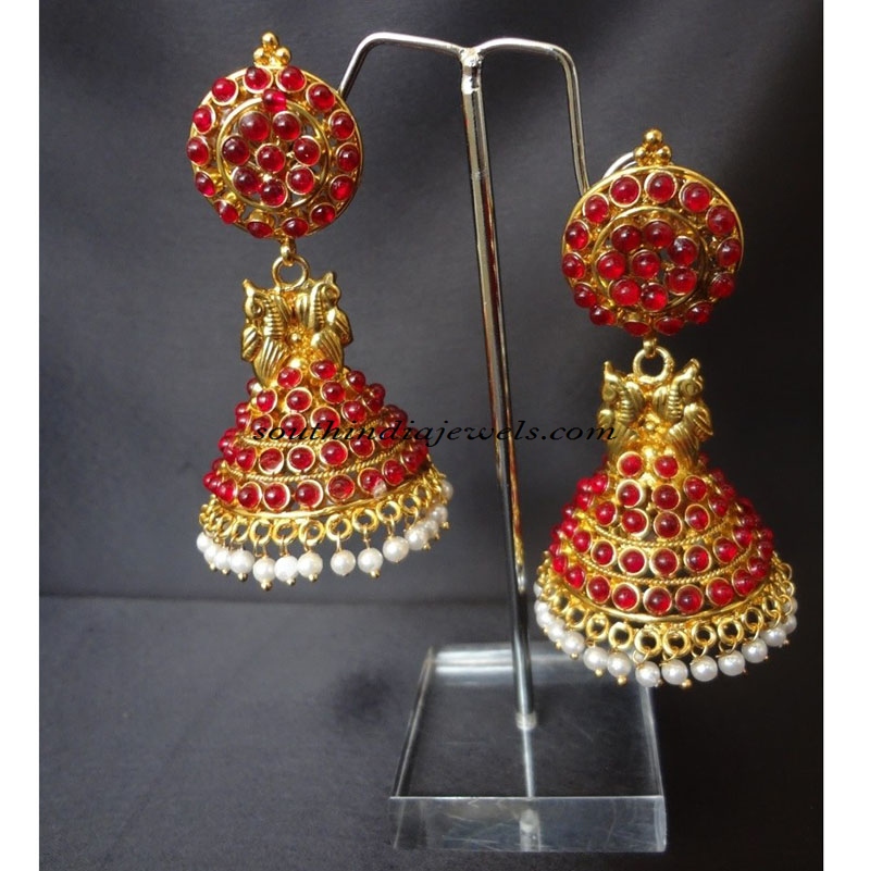 Temple Jhumka design with red kemp stones  