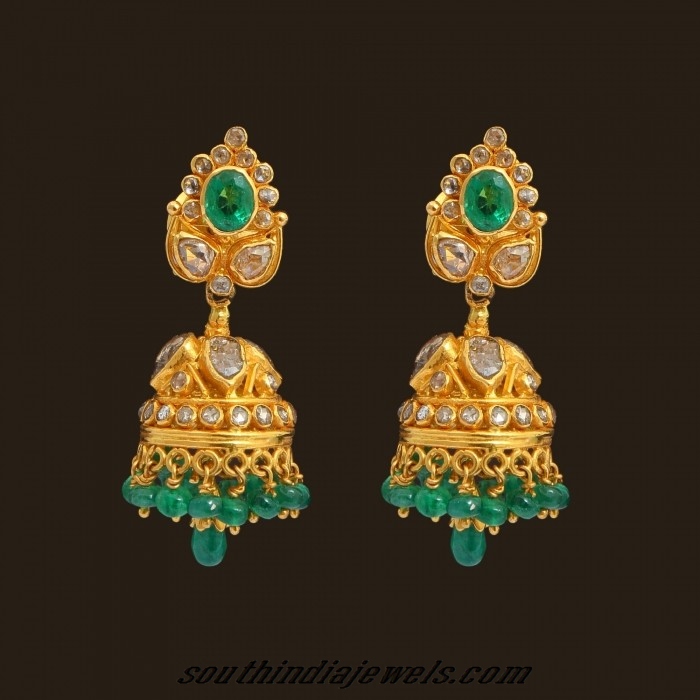 uncut diamond emerald jhumka earrings