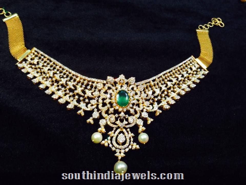 Gold Diamond Necklace with Green stone and pearls