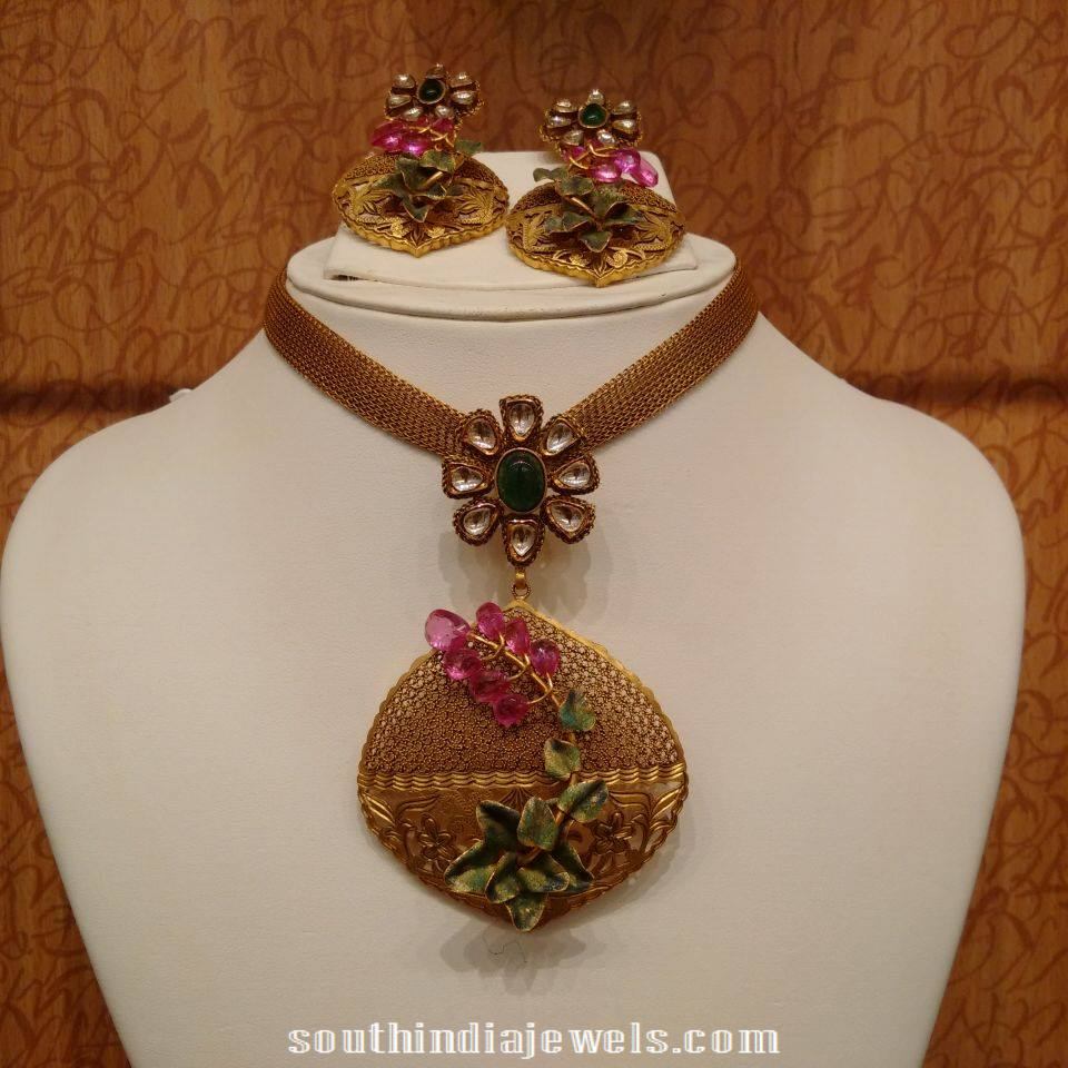 Gold Statement Necklace with Rose cut beads 