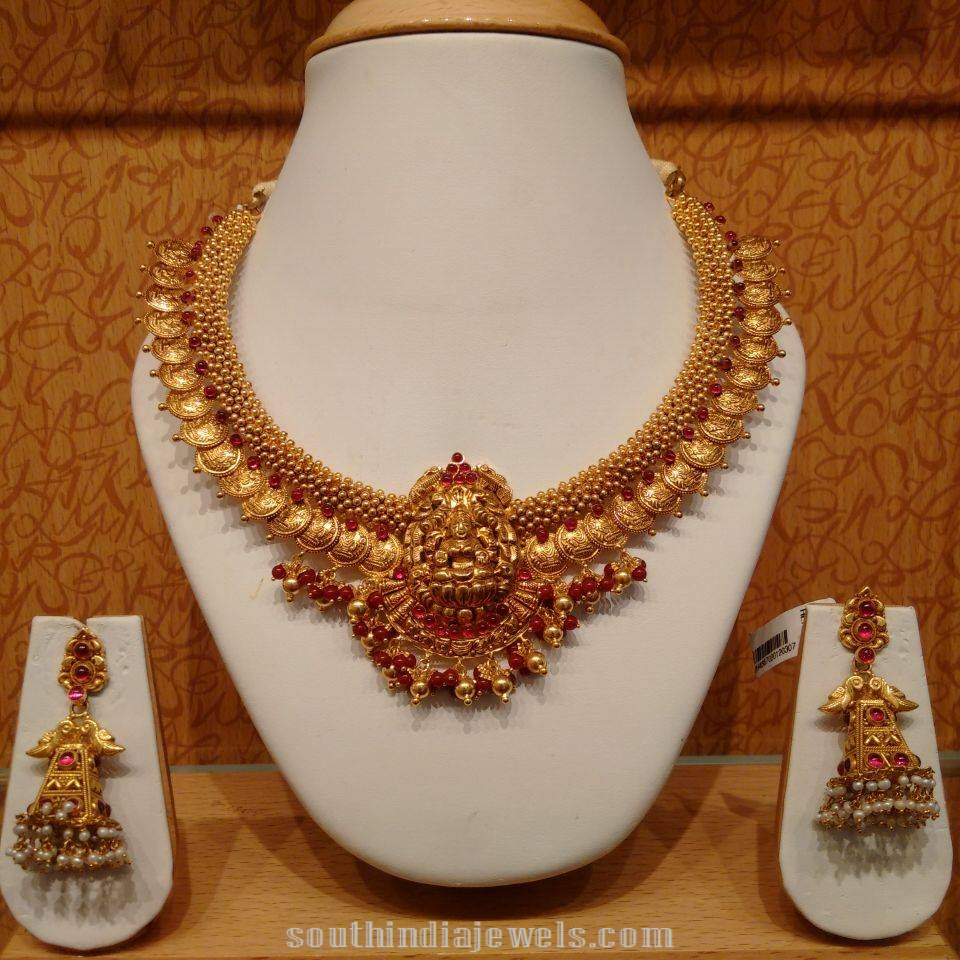 Latest temple coin necklace with kemp stones matching jhumkas