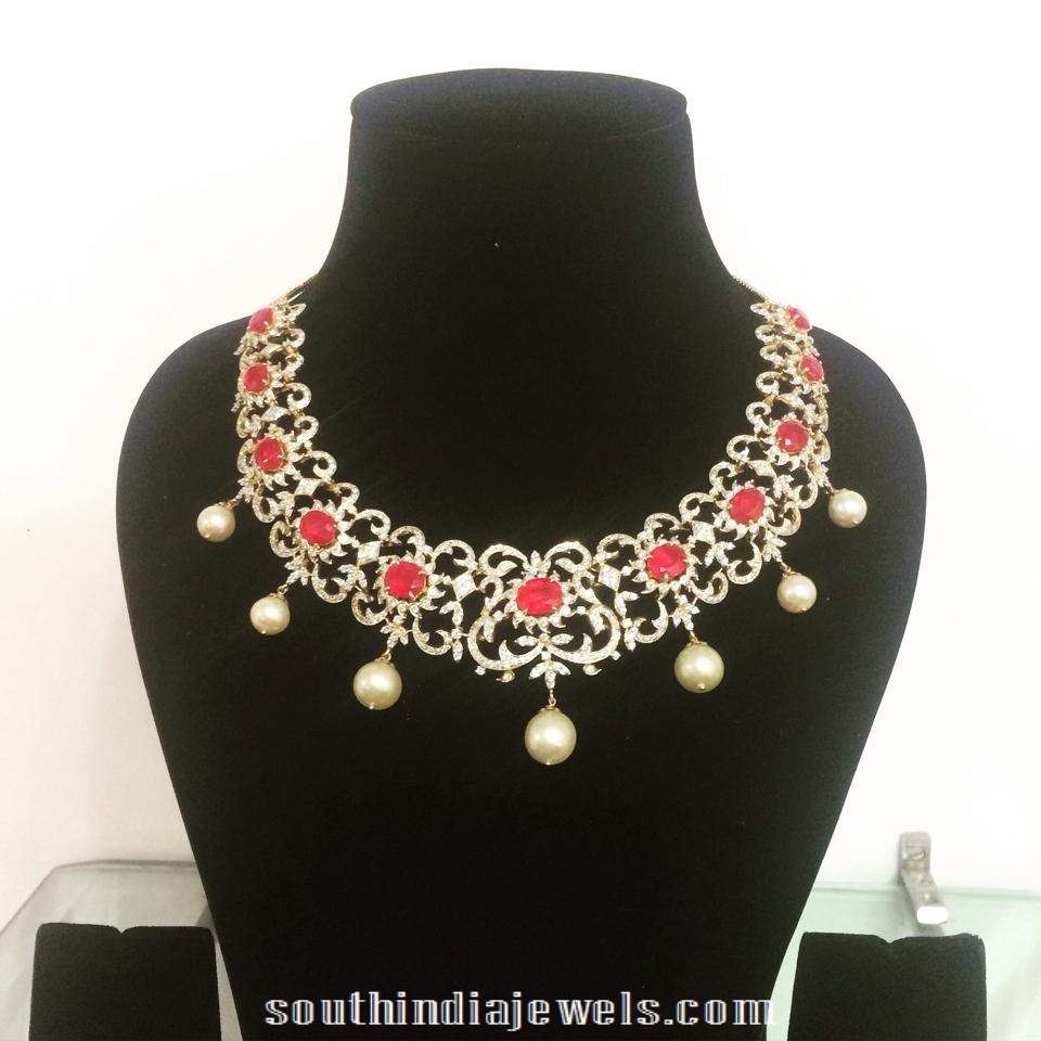 Diamond Necklace with Red Stone and south Sea pearls
