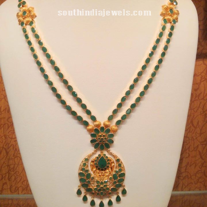 Gold Multilayer emerald haram with side floral mogappu
