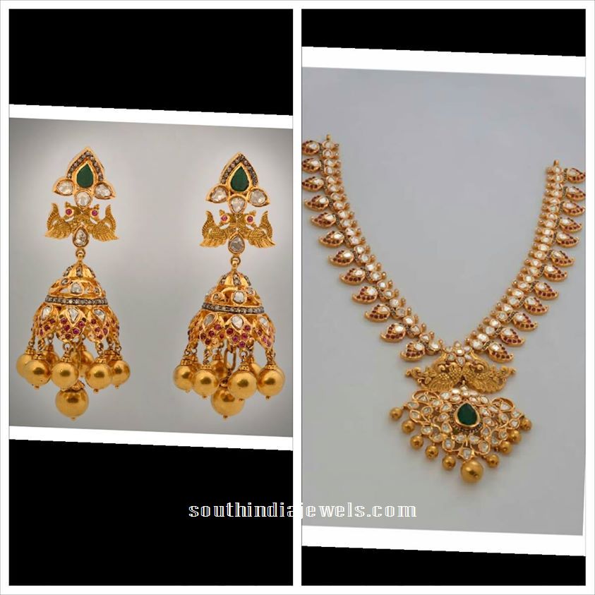 22 Carat Gold Pachi Mango necklace and Jhumka from MOR Jewellers