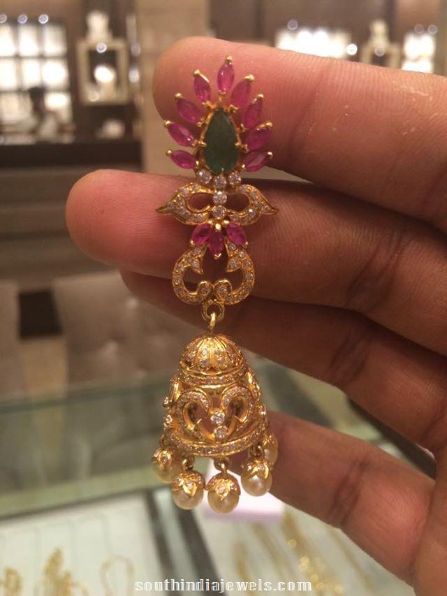 Gold CZ Stone Jhumka Designs with weight 