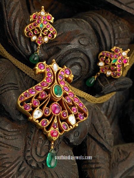 Classic ruby peacock pendant with earrings from Arnav jewellers