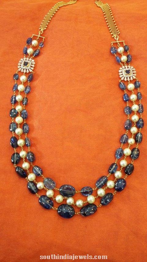 Gold Three Layer Beaded Necklace with Diamond side pendant