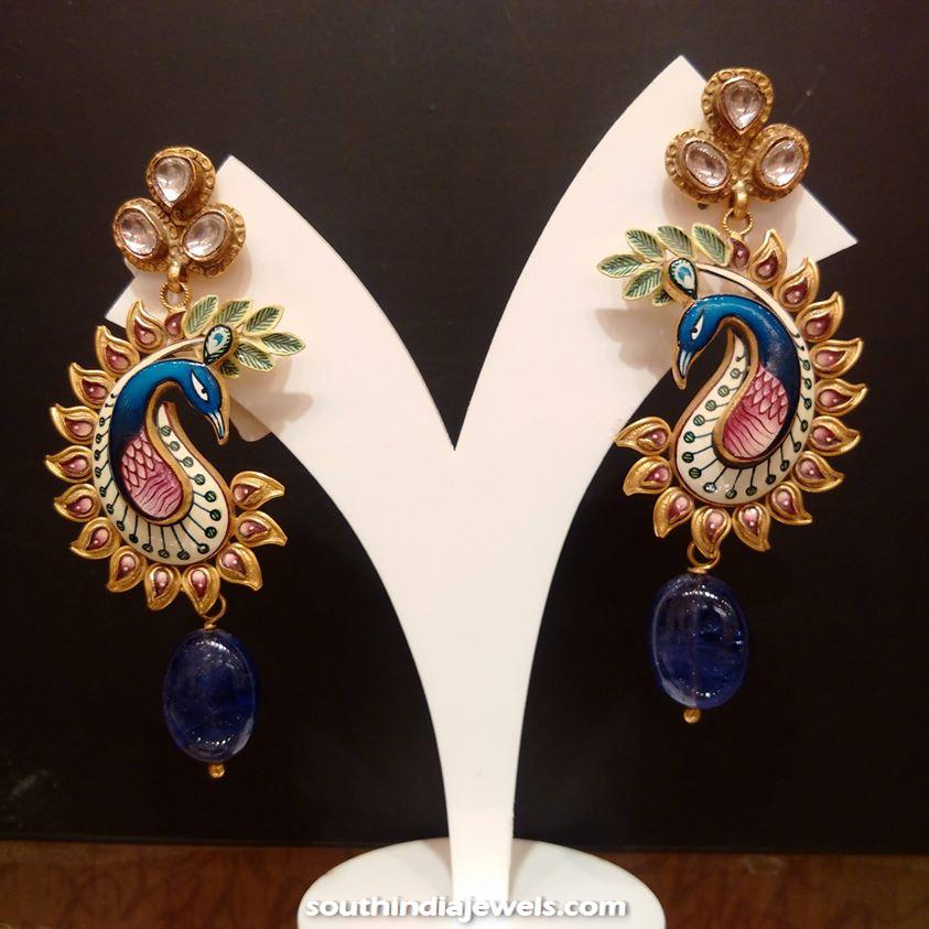 Gold Kundan Peacock Enamel Earrings