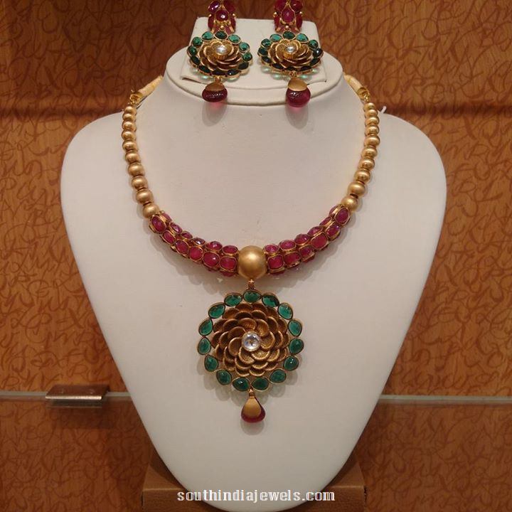 22 Caragt Gold Designer Ruby Emerald Necklace