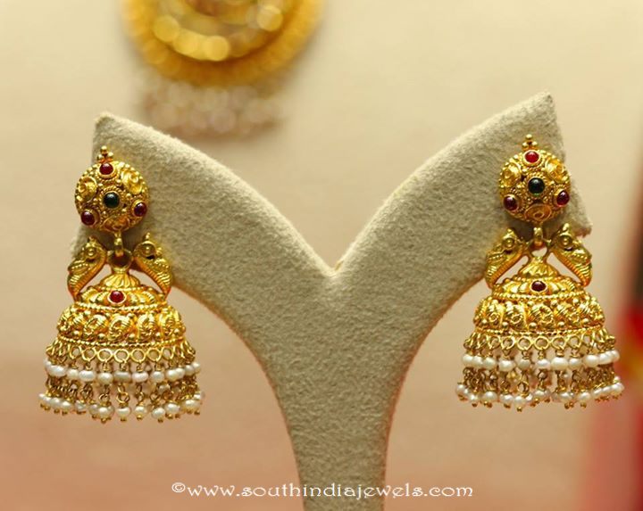 22k gold temple jhumkas from Manubhai Jewellers