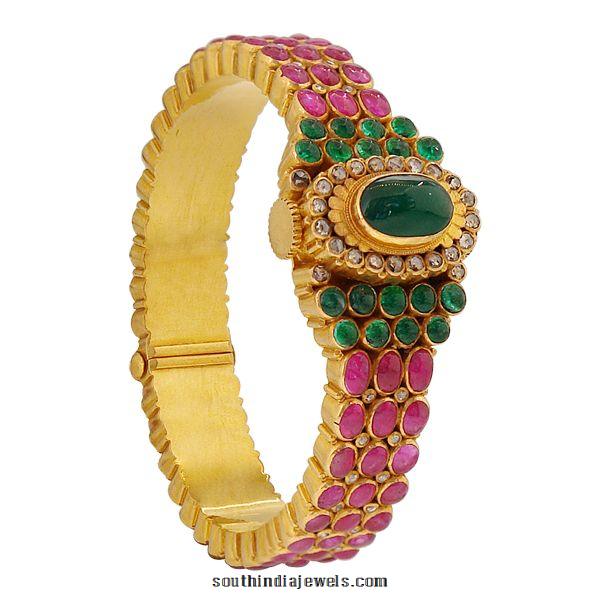 Gold Ruby Emerald Kada Bangle from Prince Jewellery