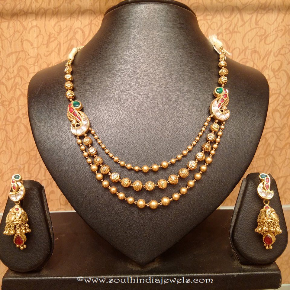 Light Weight Gold Antique Necklace Set South India Jewels 1077