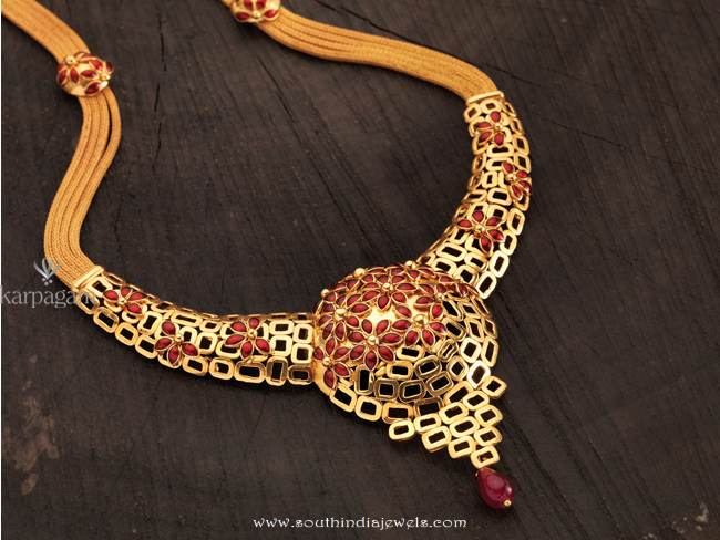 Gold Floral Necklace From Karpagam Jewellers 