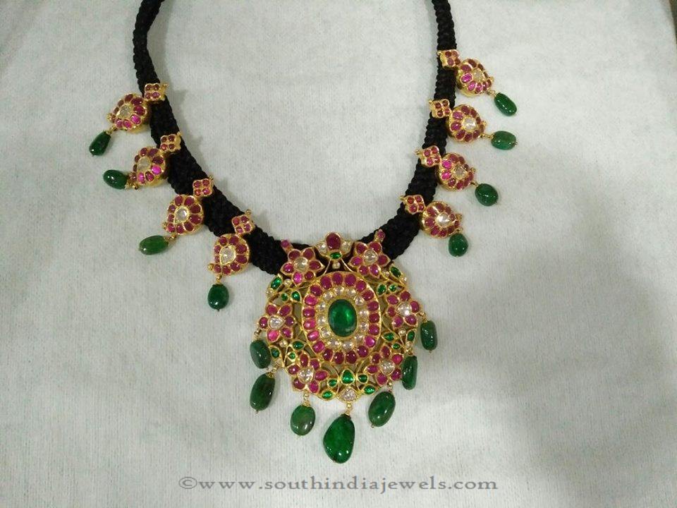Gold Black Thread Ruby Emerald Necklace
