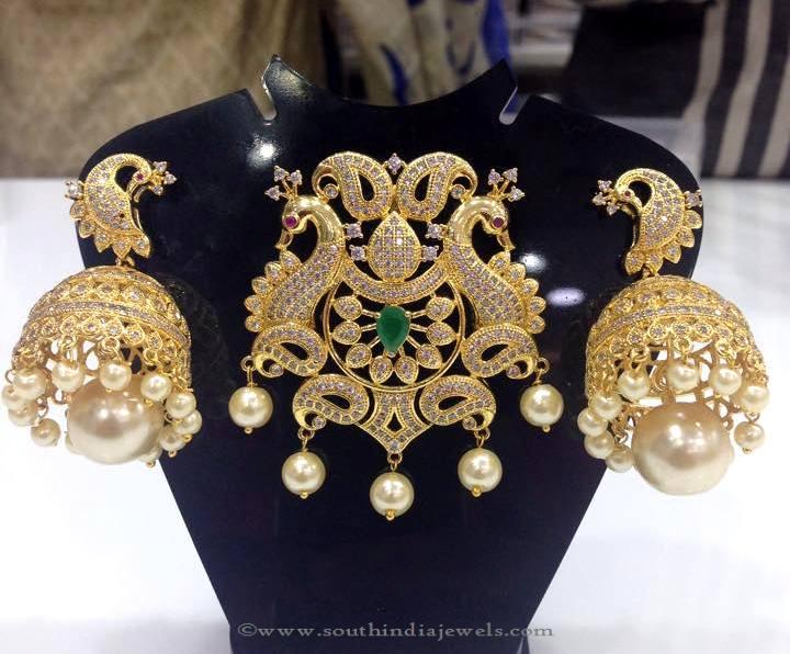 Gold Plated Stone Pendant Set with Jhumka