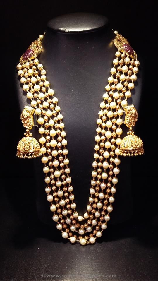 Gold Multi Layer Pearl Haram with Jhumkas