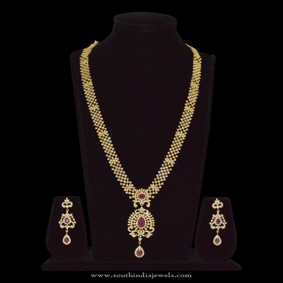Gold Plated Long Stone Necklace with Earrings - South India Jewels