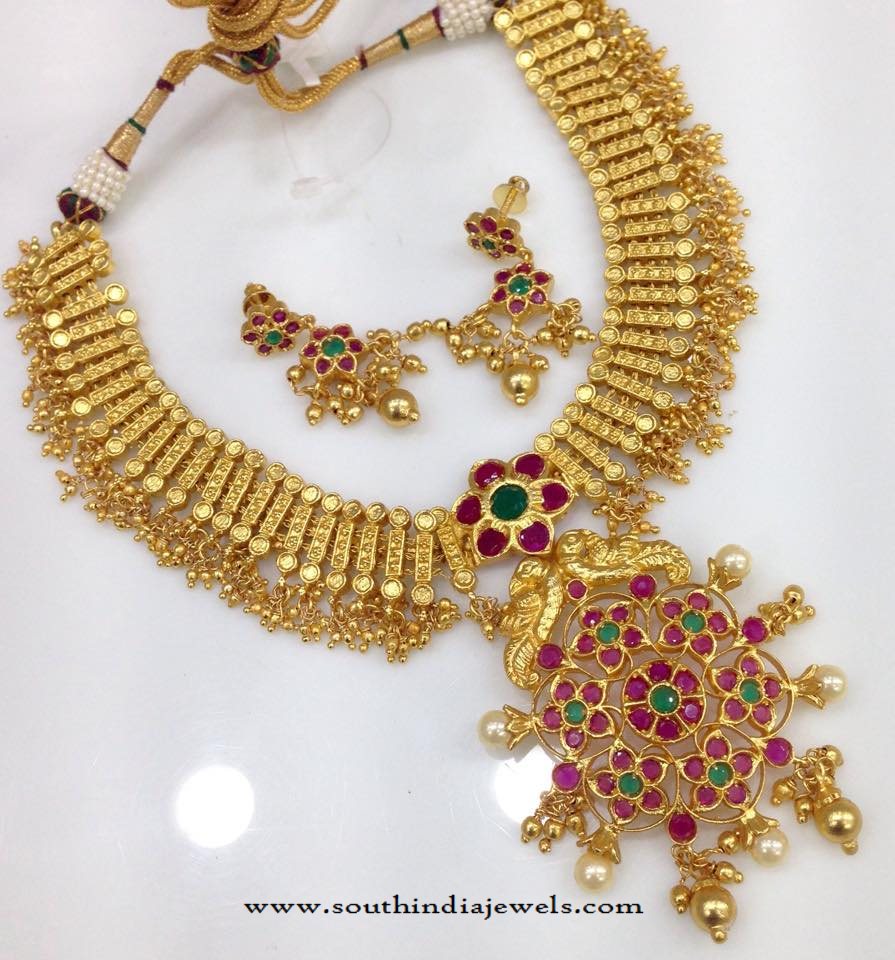 One Gram Gold Plated Necklace with Earrings - South India Jewels