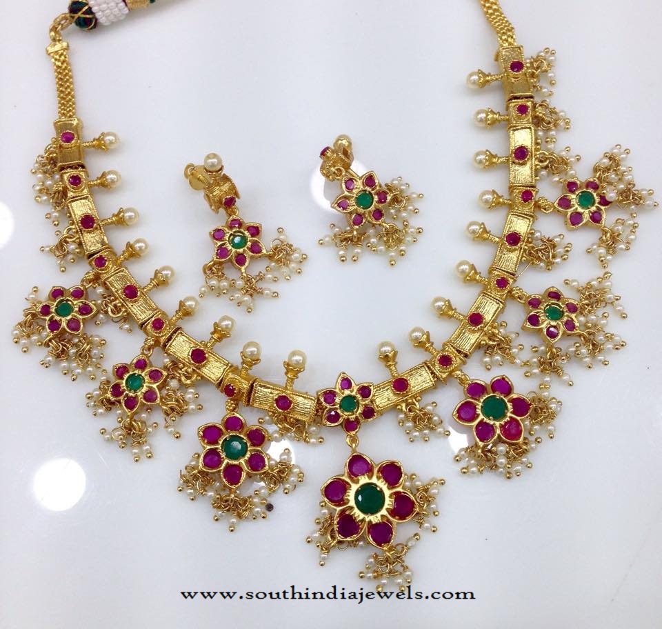 One Gram Gold Ruby Guttapusalu Necklace Model - South India Jewels