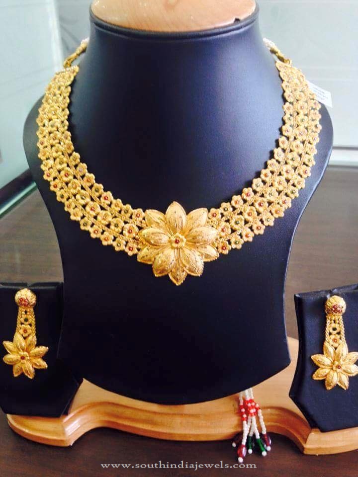 22K Gold Floral Necklace Design ~ South India Jewels