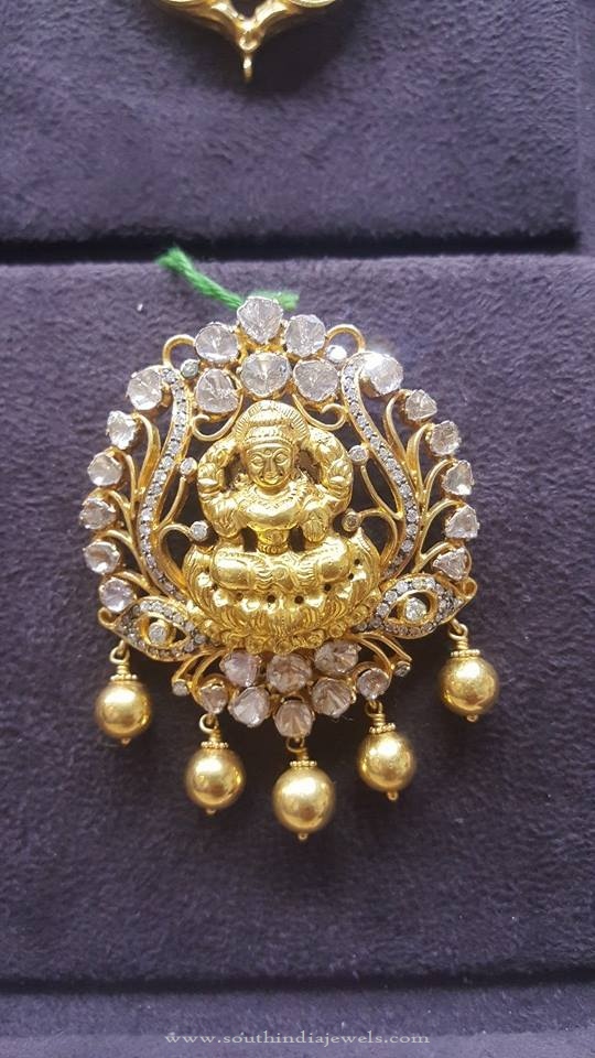 Latest Gold Lakshmi Pendant with White Stones