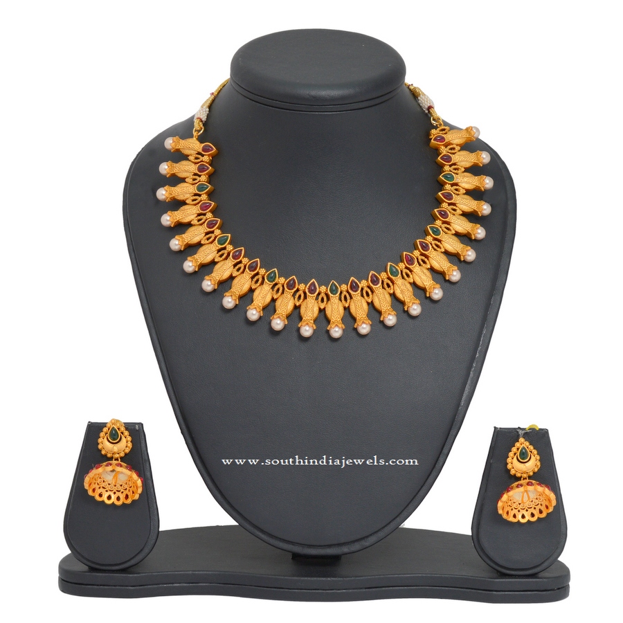 Simple 1 Gm Gold Pearl Necklace and Jhumka