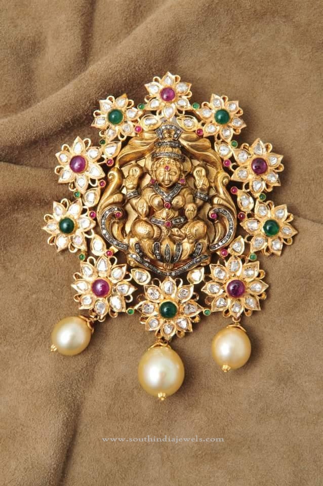 Gold Lakshmi Pendant with White Stones