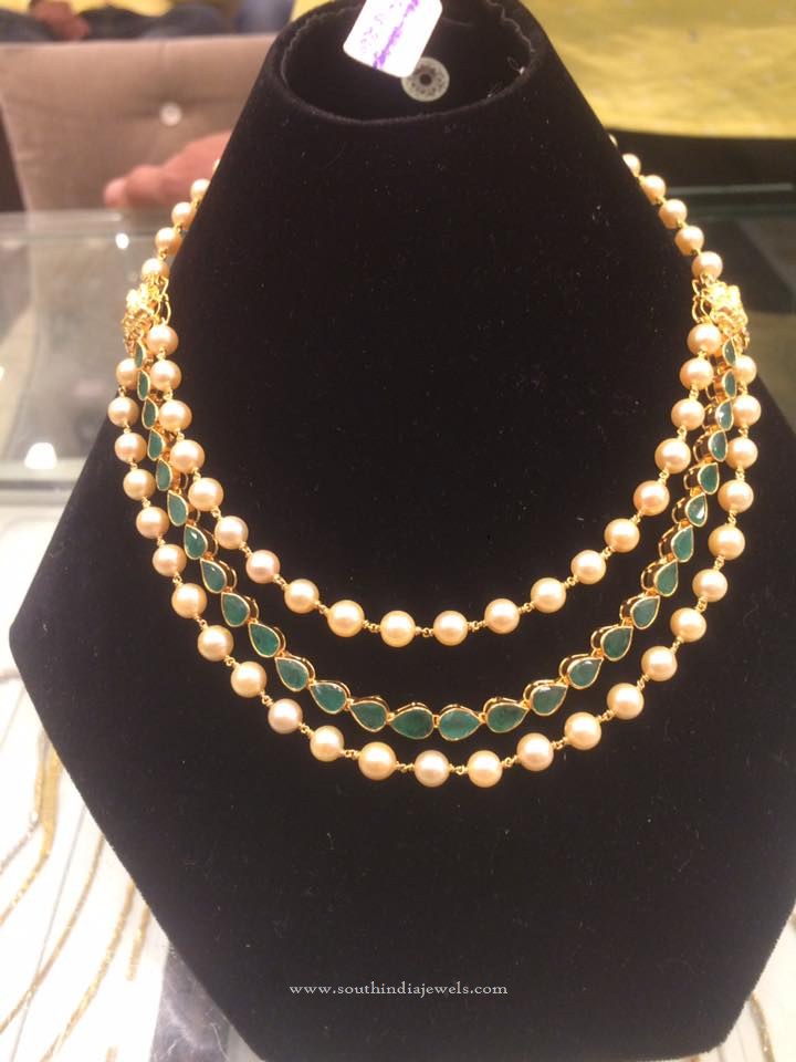Layered Gold Pearl Emerald Necklace