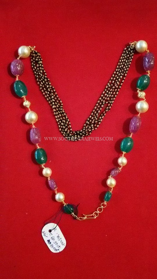 Black Bead Mala with Rubies and Emeralds