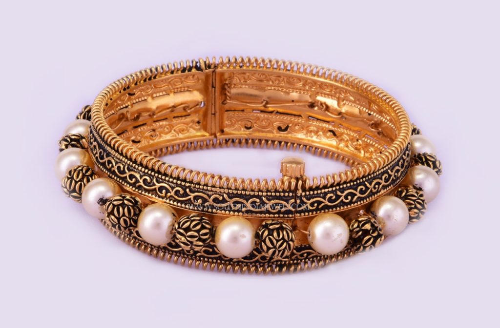 Gold Oxidized Bangle With Pearls