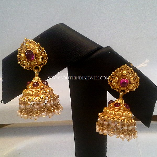 Gold Jhumka With Pearls and Rubies