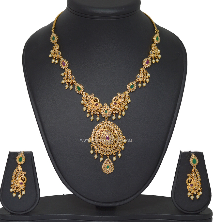 Gold Plated Stone Necklace Set With Earrings