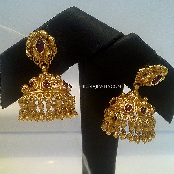 22K Gold Jhumka With Red Stones