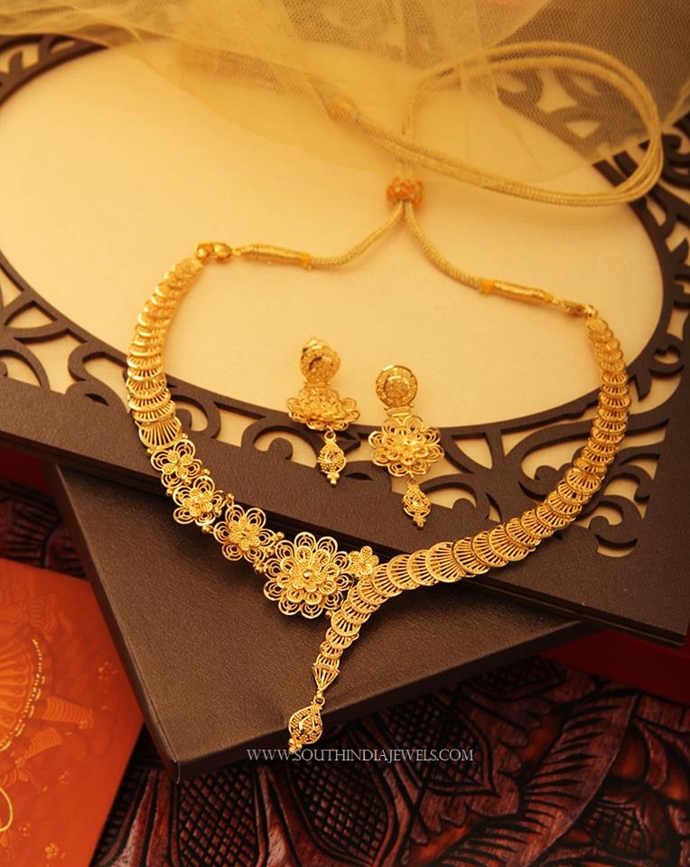 Gold Floral Necklace And Jhumka From Manubhai