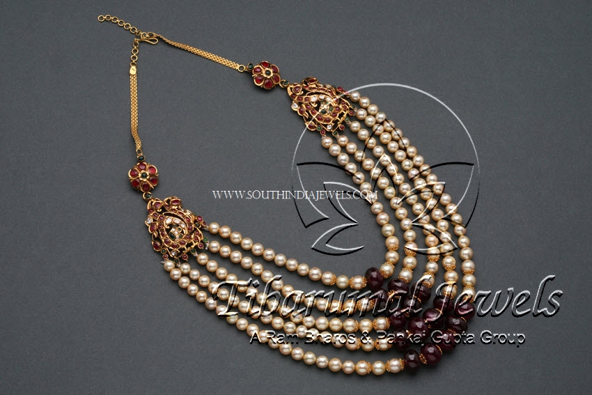 Multilayer Gold Pearl Necklace With Rubies