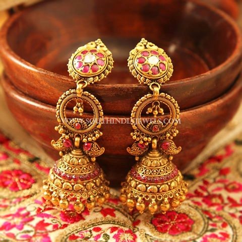 Gold Antique Ruby Jhumka From Manubhai Jewellers
