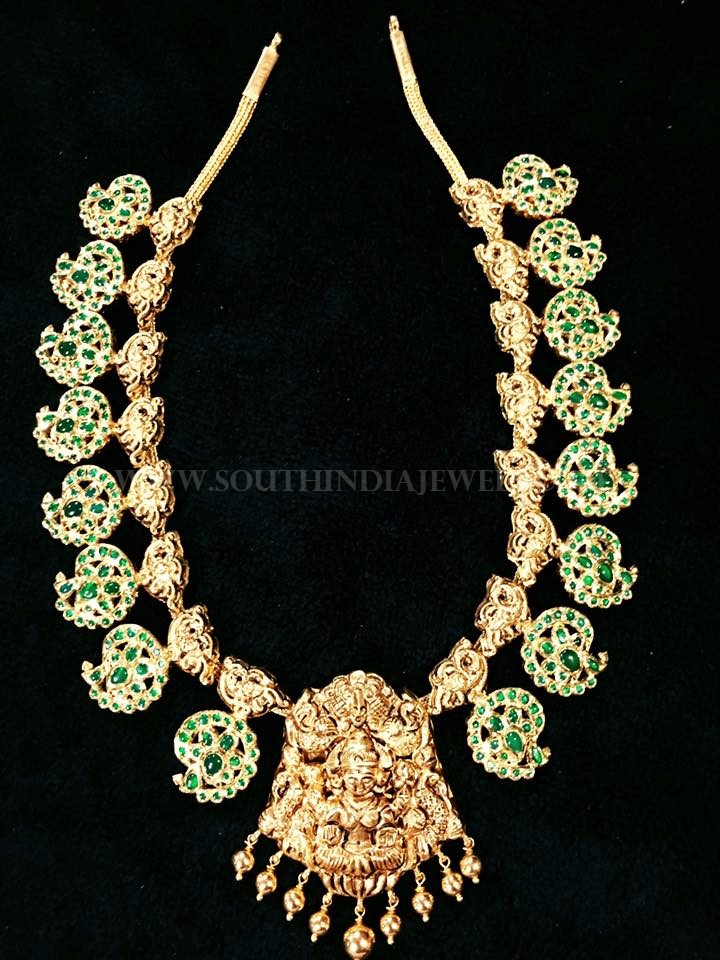 Gold Mango Necklace With Green Stones