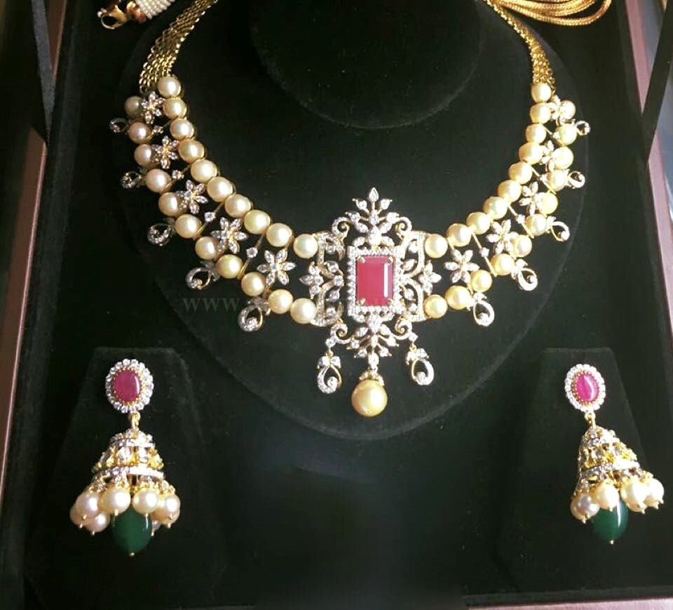 Diamond Pearl Necklace Set With Jhumka