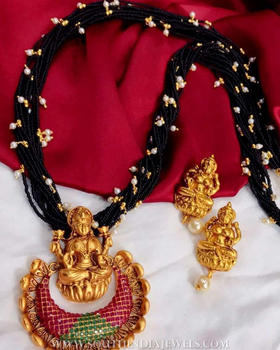 Black Beaded Necklace Set With Goddess Lakshmi Pendant