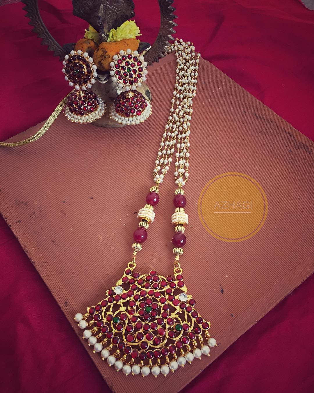 Imitation pearl kemp long necklace azhagi beads