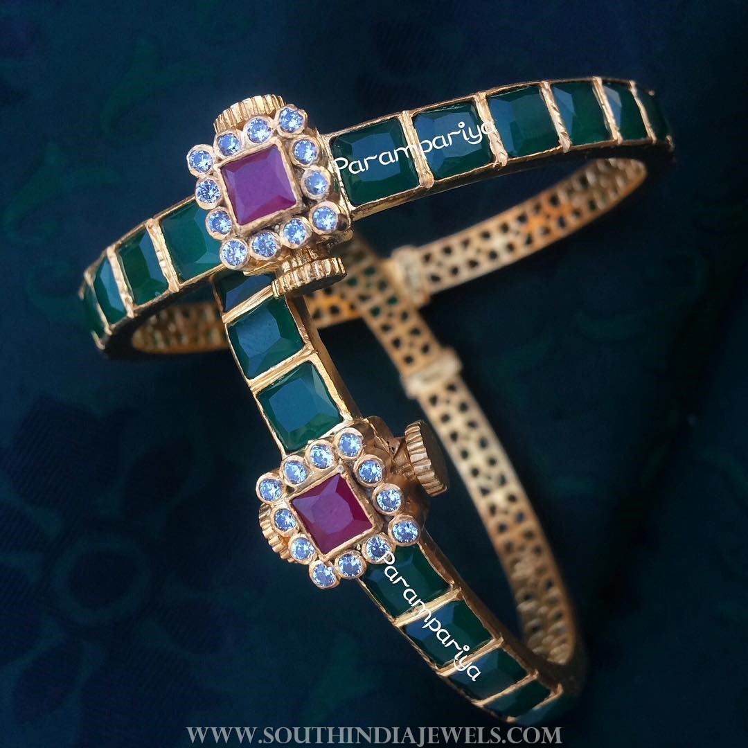 Pure silver gold plated emerald bangle parampariya