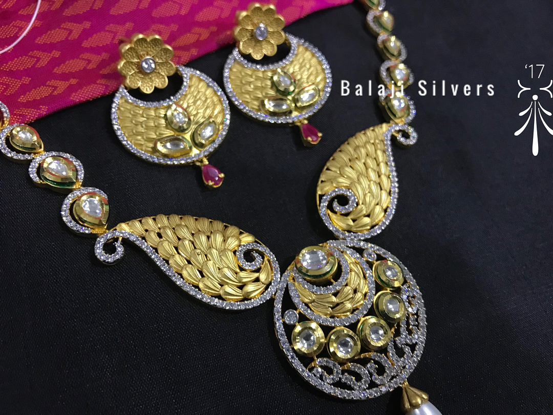 Stylish Silver Polki Necklace And Studs From Balaji Silvers