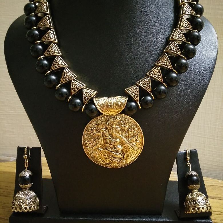 Beautiful black beaded n set with antique pendant-From-Milir-Jewellery