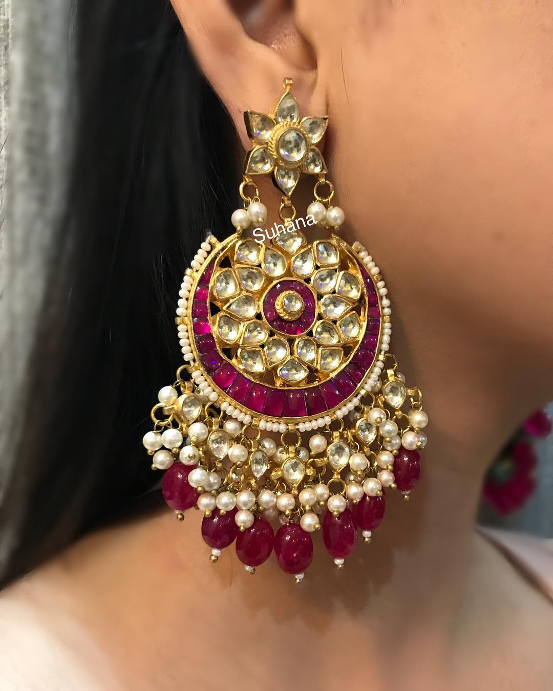 Kundan and pearl Chand Bali with ruby stones From Suhana Art And Jewels