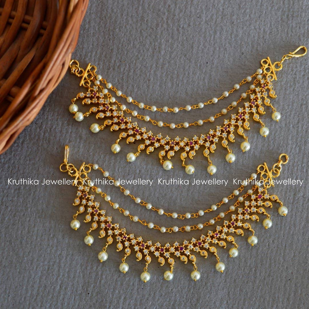 Pretty CZ Pearl Earchains From Kruthika Jewellery