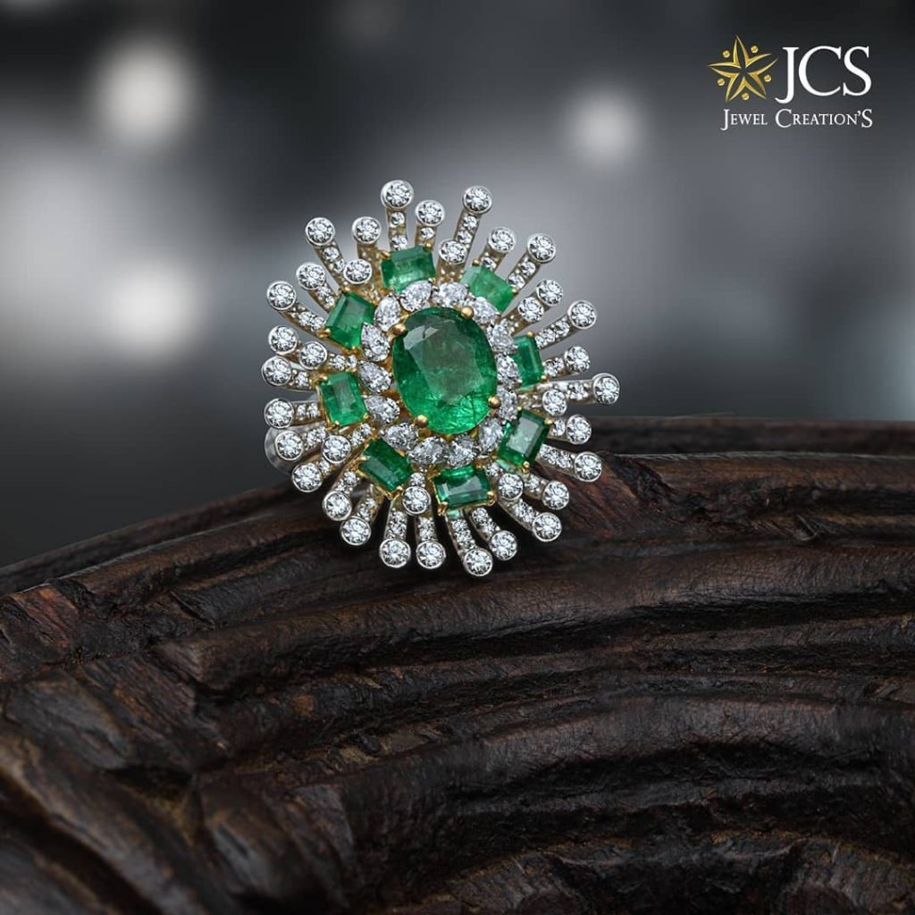 Grand Emerald and diamond Studded Ring From JCS Jewel Creations