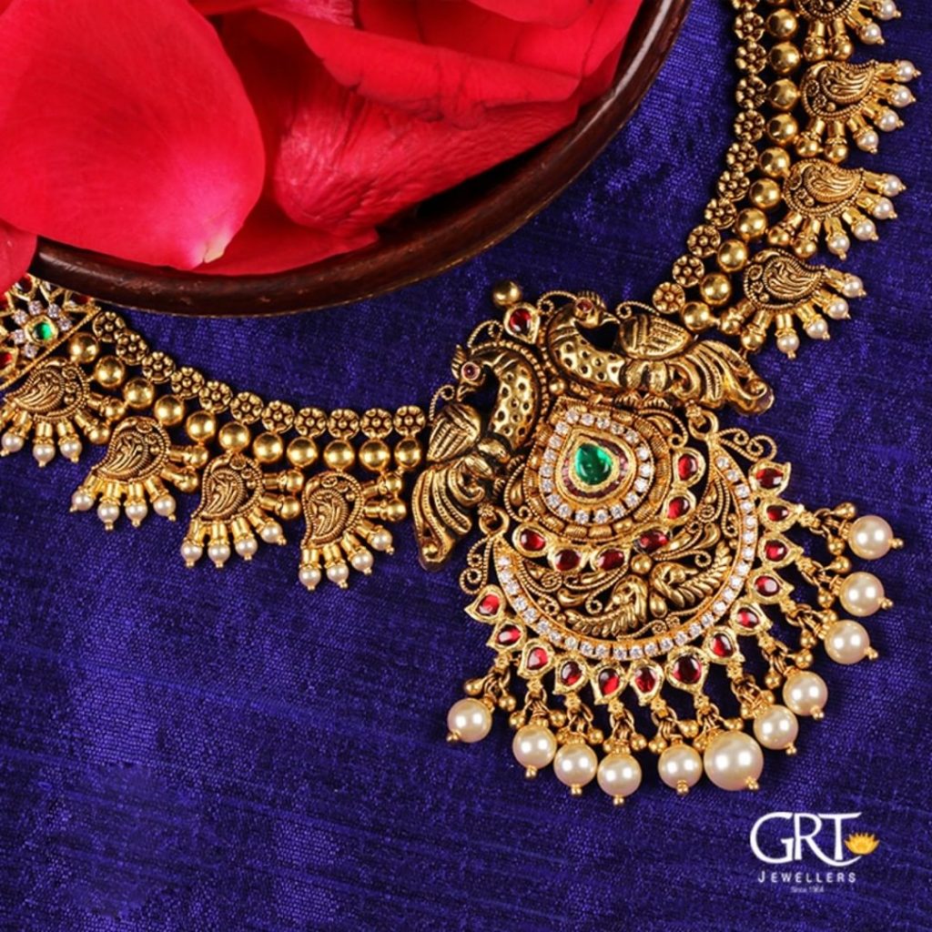 Alluring Gold Peacock Necklace From GRT Jewellers