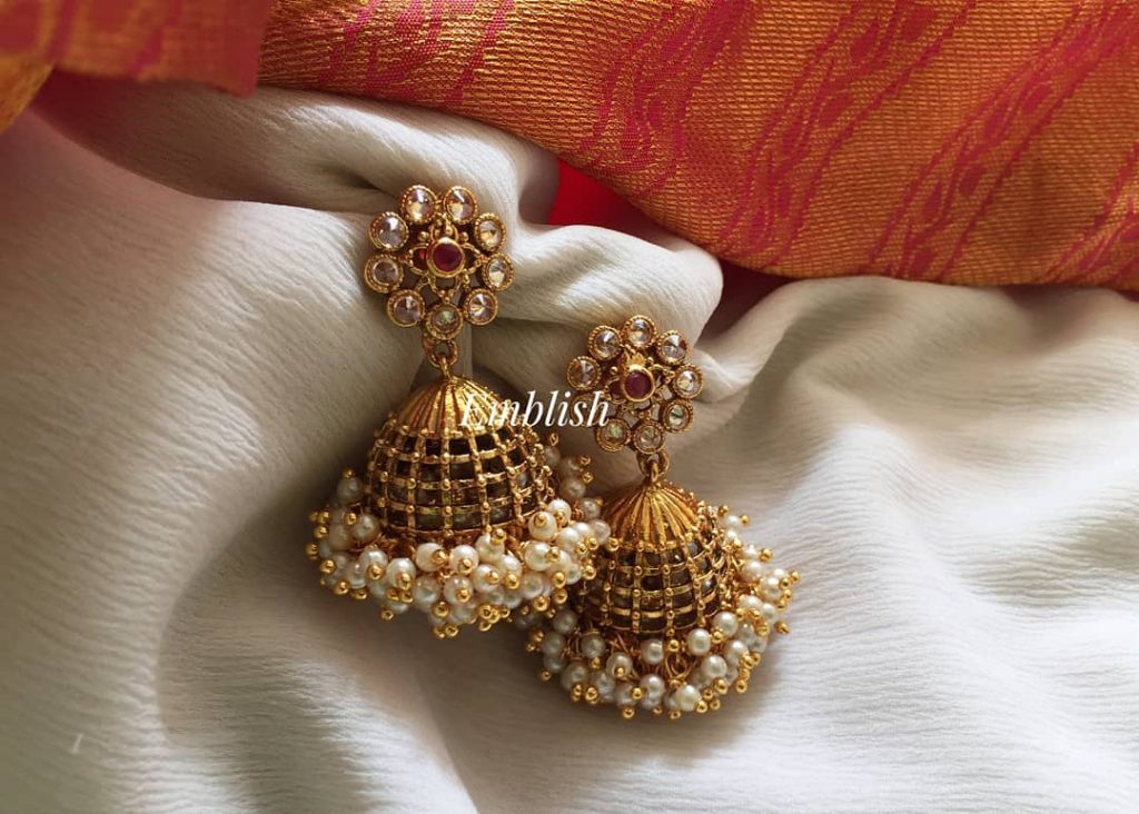Antique Finish Pearl Bunch Jhumkas From Emblish