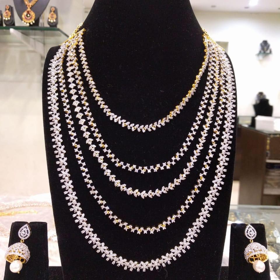 lustrous 5 layered CZs Necklace With Jumkhas From Samskruthi Jewellers
